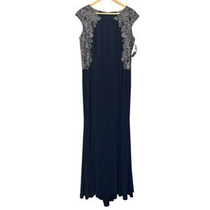NWT Xscape maxi gown navy blue silver lace embroidered cap sleeve dress 14